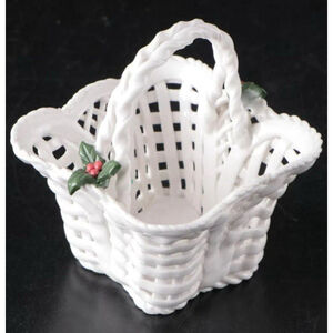 Vintage White Woven Porcelain Square 3.25" Handle Basket Holly Berries Christmas